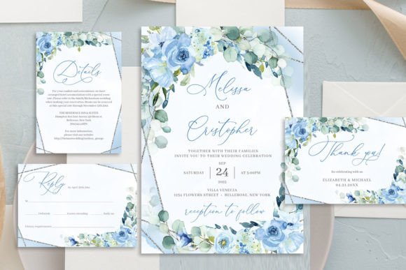 Download Dusty Blue Floral Wedding Invitation Set - Floral Collection