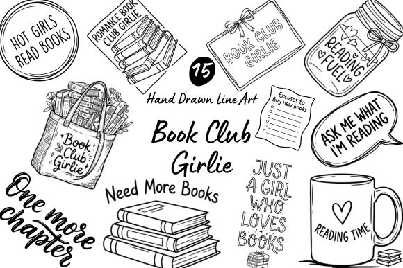 Download Book Club Girlie Hand Drawn Line Art - Line art Collection
