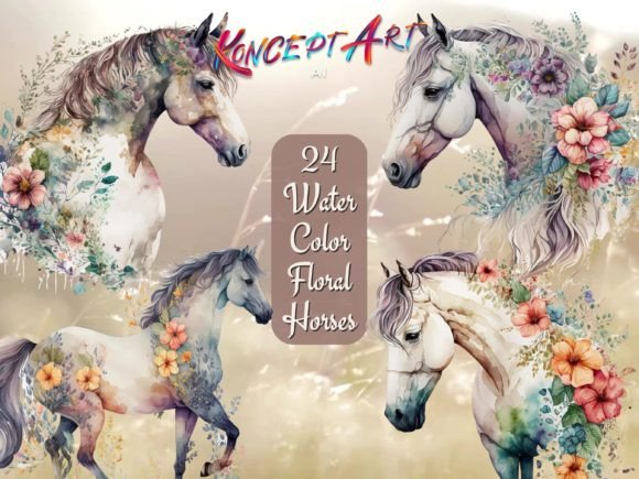 Download 24 Boho Watercolor Floral Horse Clipart - Floral Collection