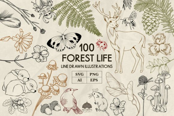Download Forest Animals and Plants Line Art Svg - Line art Collection