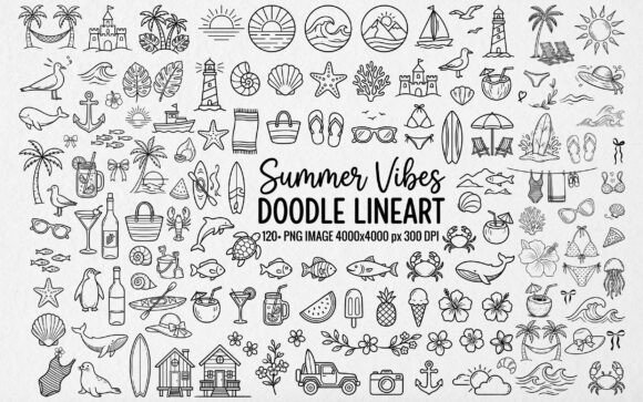 Download 120+ Summer Vibes Doodle Line Art PNG - Line art Collection