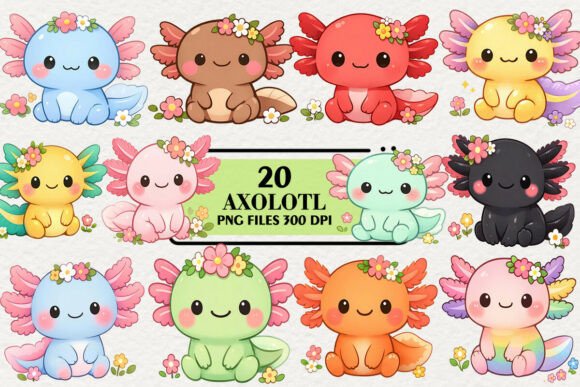 Download Kawaii Axolotl Floral Clipart Bundle - Floral Collection